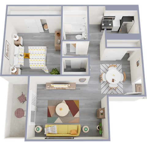 Floor plan for 1 bed, 1 bath, 691 sqft
